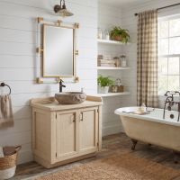 Barnwood Vanity: Some lifestyle images are created with AI for visualization purposes. Crafted from natural solid wood, each piece is unique and will vary.