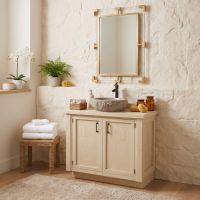 Barnwood Vanity: Some lifestyle images are created with AI for visualization purposes. Crafted from natural solid wood, each piece is unique and will vary.