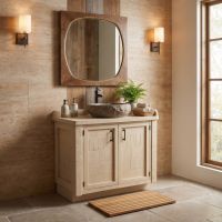Barnwood Vanity: Some lifestyle images are created with AI for visualization purposes. Crafted from natural solid wood, each piece is unique and will vary.