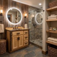 Rustic Hickory Log Vanity: Some lifestyle images are created with AI for visualization purposes. Crafted from natural solid wood, each piece is unique and will vary.