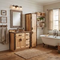Rustic Hickory Log Vanity: Some lifestyle images are created with AI for visualization purposes. Crafted from natural solid wood, each piece is unique and will vary.