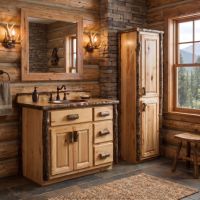 Rustic Hickory Log Vanity: Some lifestyle images are created with AI for visualization purposes. Crafted from natural solid wood, each piece is unique and will vary.