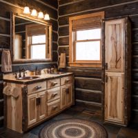Rustic Hickory Log Vanity: Some lifestyle images are created with AI for visualization purposes. Crafted from natural solid wood, each piece is unique and will vary.