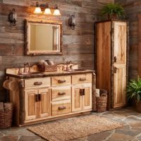 Rustic Hickory Log Vanity: Some lifestyle images are created with AI for visualization purposes. Crafted from natural solid wood, each piece is unique and will vary.