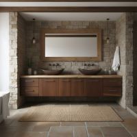 Bathroom Vanity: Some lifestyle images are created with AI for visualization purposes. Crafted from natural solid wood, each piece is unique and will vary.