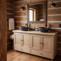 Woodland Maple Vanity with Double Vessel Sinks in Rustic Cabin Bathroom: Some lifestyle images are created with AI for visualization purposes. Crafted from natural solid wood, each piece is unique and will vary.