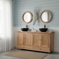 Coastal Vanity: Some lifestyle images are created with AI for visualization purposes. Crafted from natural solid wood, each piece is unique and will vary.