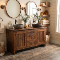 Rustic Vanity: Some lifestyle images are created with AI for visualization purposes. Crafted from natural solid wood, each piece is unique and will vary.