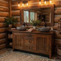 Rustic Vanity: Some lifestyle images are created with AI for visualization purposes. Crafted from natural solid wood, each piece is unique and will vary.