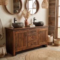 Rustic Vanity: Some lifestyle images are created with AI for visualization purposes. Crafted from natural solid wood, each piece is unique and will vary.