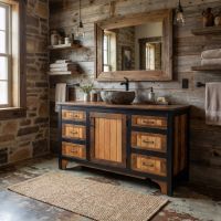 Rustic Bathroom Vanity: Some lifestyle images are created with AI for visualization purposes. Crafted from natural solid wood, each piece is unique and will vary.