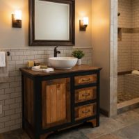 Rustic Bathroom Vanity: Some lifestyle images are created with AI for visualization purposes. Crafted from natural solid wood, each piece is unique and will vary.