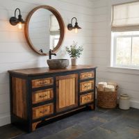 Rustic Bathroom Vanity: Some lifestyle images are created with AI for visualization purposes. Crafted from natural solid wood, each piece is unique and will vary.