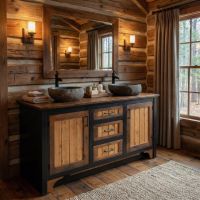 Rustic Bathroom Vanity: Some lifestyle images are created with AI for visualization purposes. Crafted from natural solid wood, each piece is unique and will vary.