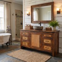 Rustic Bathroom Vanity: Some lifestyle images are created with AI for visualization purposes. Crafted from natural solid wood, each piece is unique and will vary.