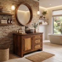 Rustic Bathroom Vanity: Some lifestyle images are created with AI for visualization purposes. Crafted from natural solid wood, each piece is unique and will vary.
