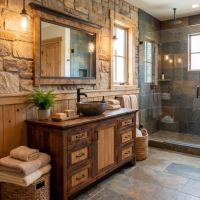 Rustic Bathroom Vanity: Some lifestyle images are created with AI for visualization purposes. Crafted from natural solid wood, each piece is unique and will vary.