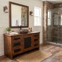 Rustic Bathroom Vanity: Some lifestyle images are created with AI for visualization purposes. Crafted from natural solid wood, each piece is unique and will vary.
