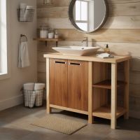 Bathroom Vanity: Some lifestyle images are created with AI for visualization purposes. Crafted from natural solid wood, each piece is unique and will vary.