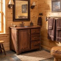 Rustic Wood Vanity: Some lifestyle images are created with AI for visualization purposes. Crafted from natural solid wood, each piece is unique and will vary.