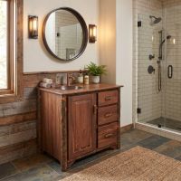 Rustic Wood Vanity: Some lifestyle images are created with AI for visualization purposes. Crafted from natural solid wood, each piece is unique and will vary.