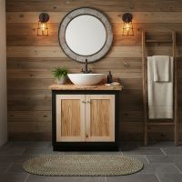Rustic Modern Vanity: Some lifestyle images are created with AI for visualization purposes. Crafted from natural solid wood, each piece is unique and will vary.