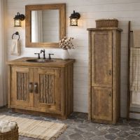 Barn Wood Vanity: Some lifestyle images are created with AI for visualization purposes. Crafted from natural solid wood, each piece is unique and will vary.