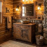 Modern Rustic Vanity: Some lifestyle images are created with AI for visualization purposes. Crafted from natural solid wood, each piece is unique and will vary.