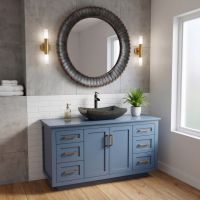 Modern Blue Vanity: Some lifestyle images are created with AI for visualization purposes. Crafted from natural solid wood, each piece is unique and will vary.