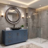 Modern Blue Vanity: Some lifestyle images are created with AI for visualization purposes. Crafted from natural solid wood, each piece is unique and will vary.