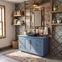 Modern Blue Vanity: Some lifestyle images are created with AI for visualization purposes. Crafted from natural solid wood, each piece is unique and will vary.
