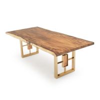 Modern Rustic Window Base Dining Table- Live Edge Golden Walnut Table Top - Natural Clear Finish - Gold Steel Table Base