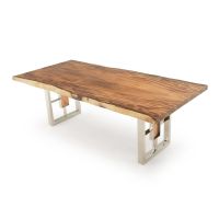 Modern Rustic Window Base Dining Table- Live Edge Golden Walnut Table Top - Natural Clear Finish - Silver Steel Table Base