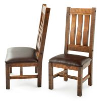 Sawmill Comfort Barnwood Dining Side Chairs - Chocolate Brown Leather Fabric Seat - Antique Barnwood Finish