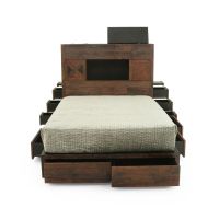 Ultimate Storage Reclaimed Platform Bed shown with 6 platform drawers (2 on each side and 2 in the footboard), 3 drawers on each side of the headboard, and 2 storage compartments in the top of the headboard.