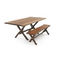 Rustic Live Edge Hickory Base Dining Table & Matching Bench - Black Walnut Table Top - Natural Clear Finish