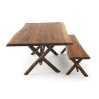 Rustic Live Edge Hickory Base Dining Table & Matching Bench - Black Walnut Table Top - Natural Clear Finish