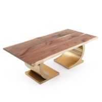 Modern Half Circle Natural Wood Dining Table - Live Edge Black Walnut Table Top - Natural Clear Table Top Finish - Gold Steel Table Base