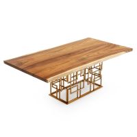 Geometric Live Edge Natural Wood Dining Table - Golden Walnut Table Top - Natural Clear Table Top Finish - Gold Steel Table Base