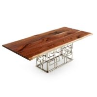 Geometric Live Edge Natural Wood Dining Table - Black Walnut Table Top - Natural Clear Table Top Finish - Silver Steel Table Base