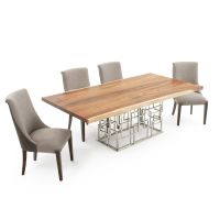 Geometric Live Edge Natural Wood Dining Table - Golden Walnut Table Top - Natural Clear Table Top Finish - Silver Steel Table Base