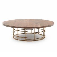 Contemporary Round Cage Coffee Table - Black Walnut - Flat Edge - Natural Clear finish - Brushed Gold Stainless base