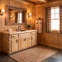 Cedar Log Vanity: Some lifestyle images are created with AI for visualization purposes. Crafted from natural solid wood, each piece is unique and will vary.