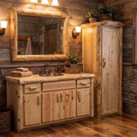 Cedar Log Vanity: Some lifestyle images are created with AI for visualization purposes. Crafted from natural solid wood, each piece is unique and will vary.