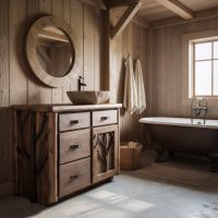 Woodland Forest Log Vanity: Some lifestyle images are created with AI for visualization purposes. Crafted from natural solid wood, each piece is unique and will vary.