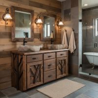 Woodland Forest Log Vanity: Some lifestyle images are created with AI for visualization purposes. Crafted from natural solid wood, each piece is unique and will vary.