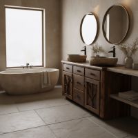 Rustic Log Vanity: Some lifestyle images are created with AI for visualization purposes. Crafted from natural solid wood, each piece is unique and will vary.