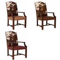 Wood Arm Captain Chairs with Cowhide Backrest: Bomber Jacket Brown Leather (Top Left), Burnt Umber Cypress Leather (Top Right), & Crimson Red Leather (Bottom Left)