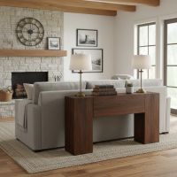 Modern Sofa Table: Some lifestyle images are created with AI for visualization purposes. Crafted from natural solid wood, each piece is unique and will vary.