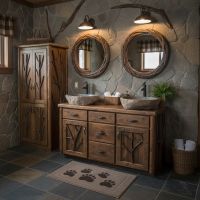 Lodge Style Linen Closet and Vanity: Some lifestyle images are created with AI for visualization purposes. Crafted from natural solid wood, each piece is unique and will vary.